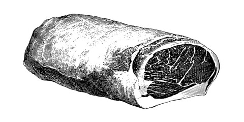 Vintage engraved illustration of a rolled ham cut showcasing intricate details in a classic design