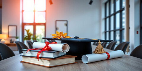Professional stock image: Graduation cap with diploma and books with a minimalist modern theme. Features a clean corporate aesthetic, scholarly and studious mood, warm autumn to...