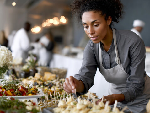 woman arranging catering setup, event background