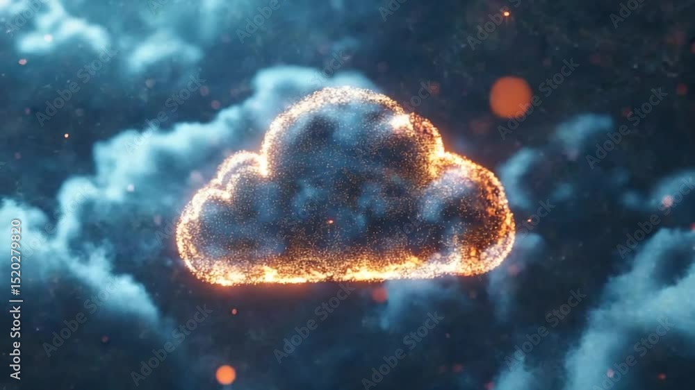 Poster digital cloud computing concept with glowing particles and atmospheric effects