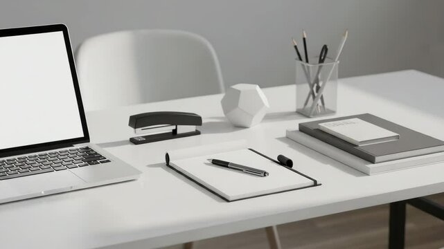 Office desk with laptop, notepad, pen, stapler, pencils and geometric figure.