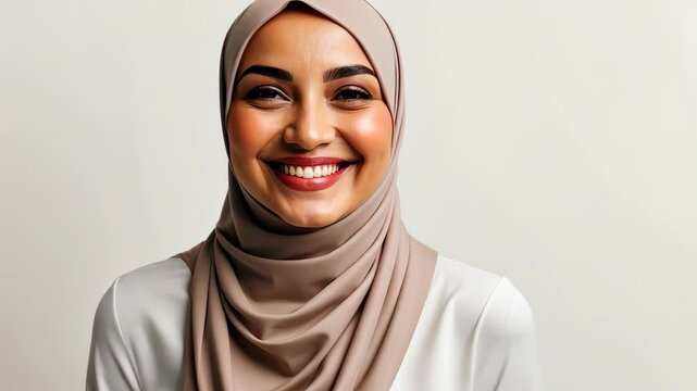 Radiant Smile: A young woman with warm smile wearing a Hijab gazes directly at the camera, her eyes sparkling with joy.