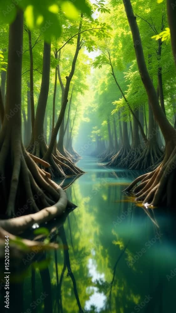 Aufkleber a serene scene with a river flowing through the midst of a dense forest, surrounded by tall trees