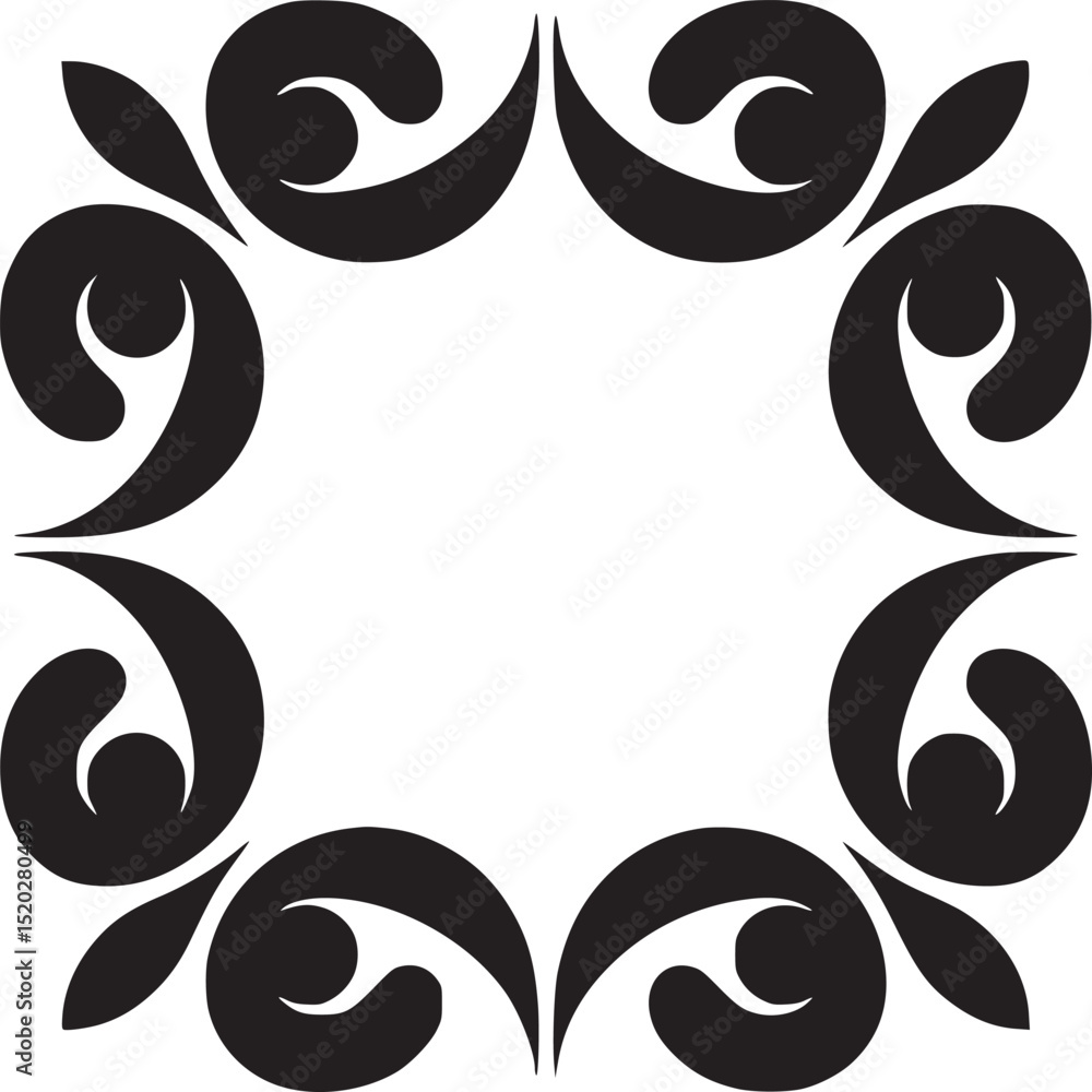Poster black decorative square frame with floral and swirl elements on a white background creating a border