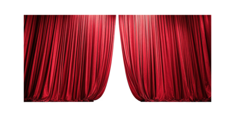 Red Theater Curtains Opening. Symbol Of Performance And Dramatic Arts Isolated On Transparent Background