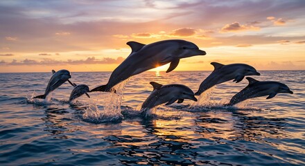 Fototapeta premium Majestic Dolphins Leap at Sunset Ocean Wildlife Marine Mammals Nature Scene
