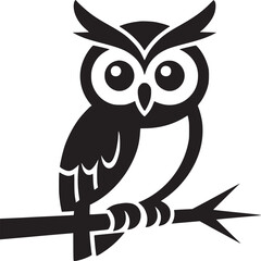 A stylized black and white owl perched on a branch with a simple background illustration design art
