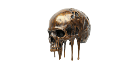 Bronze Melting Skull Sculpture. Artistic Representation Of Decay And Mortality Isolated On Transparent Background