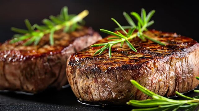 Grilled Filet Mignon with Rosemary: Two perfectly seared filet mignon steaks, glistening with savory juices, are adorned with fresh rosemary sprigs. The rich.