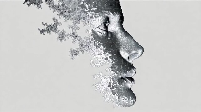 Artistic rendering of a human face morphing into abstract fractal patterns on a light background