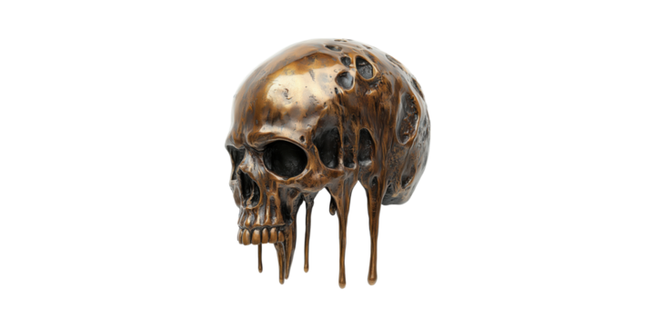 Bronze Melting Skull Sculpture. Artistic Representation Of Decay And Mortality Isolated On Transparent Background