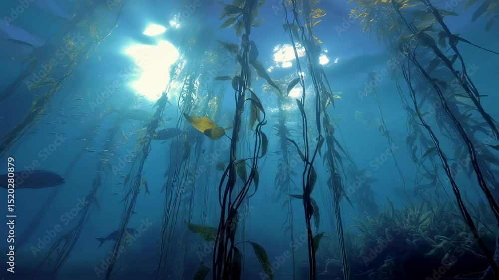 Poster golden sunlight filters through a dense kelp forest in the ocean, creating an ethereal underwater sc
