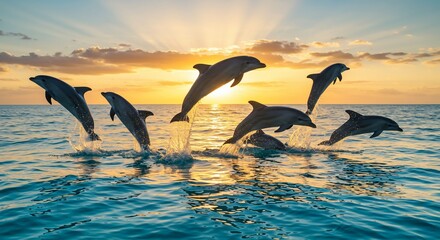Fototapeta premium Majestic Dolphins Leap at Sunset Ocean Scene Wildlife Nature Photography