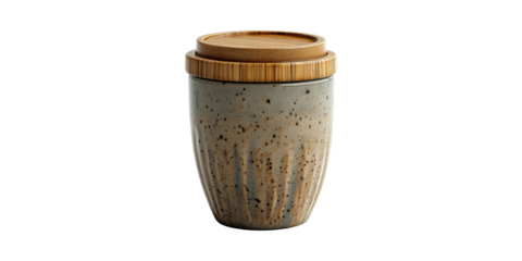 Ceramic Travel Mug With Bamboo Lid. Eco-Friendly Reusable Coffee Cup For Sustainable Living Isolated On Transparent Background