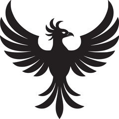 A stylized black phoenix with outstretched wings on a white background in a simple design style