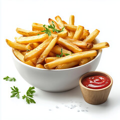 Golden french fries in bowl with ketchup