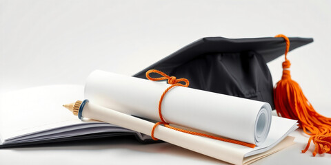 Professional stock image: Graduation cap with diploma and books with a minimalist modern theme. Features a watercolor effect aesthetic, artistic and expressive mood, warm autumn...
