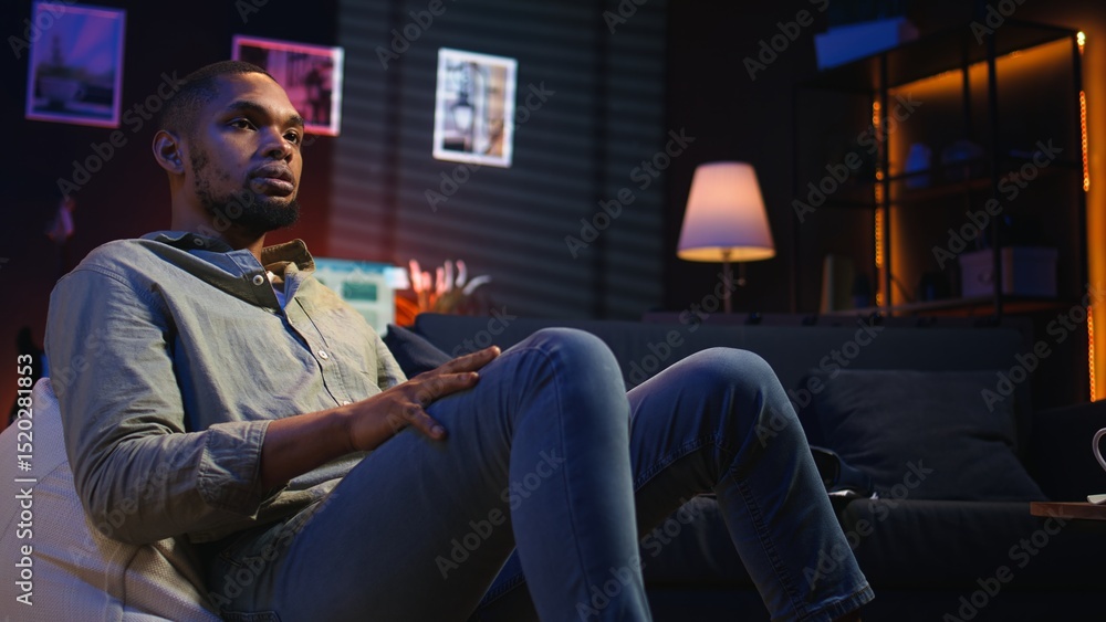 Poster african american guy engaging in a virtual workshop to learn skills for new job, interacting with th