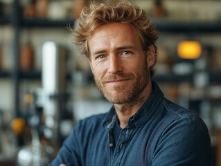 Fototapeta premium Smiling Handsome Barista with Beard in Warm, Inviting Coffee Shop Setting - Professional and Friendly Customer Service