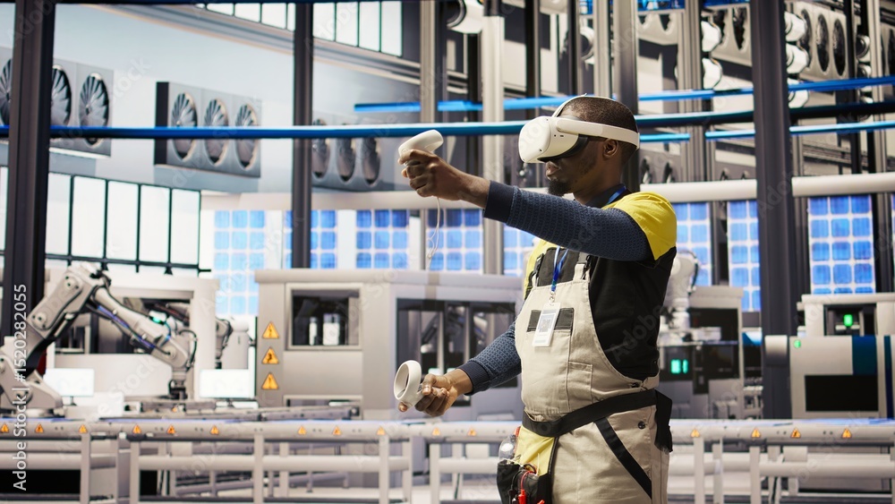 Poster smart factory specialist using virtual reality simulation to predict equipment failures. industry 4.