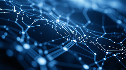 Obraz premium Glowing blue network connections forming a complex web on a dark background.
