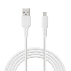 white cable for charging and synchronization with USB and Micro USB connectors on a white isolated...