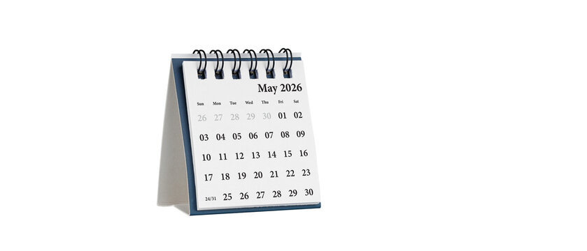 Desktop calendar for May 2026 in white colour. Mini planner for business and finance, spiral view on isolated white background close up.