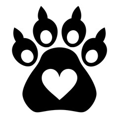 Cat paw print with heart design. Pet paw print illustration with a heart inside. Adorable cat paw graphic for pet adoption campaigns.