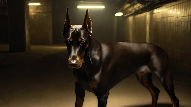 Beautiful doberman posing in a dimly lit industrial space