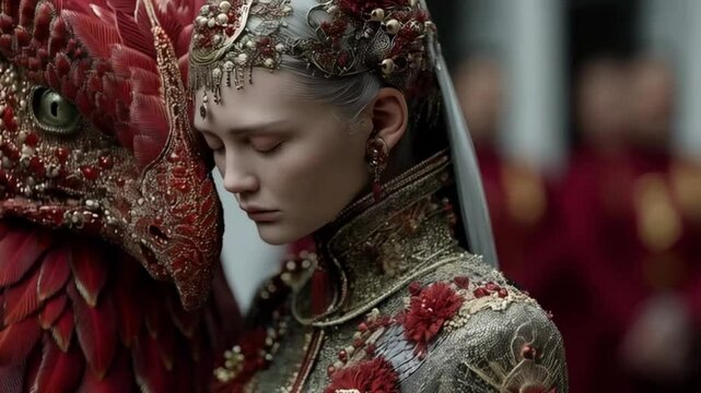 Intricate costume blend of traditional and fantasy elements in a dramatic cultural display