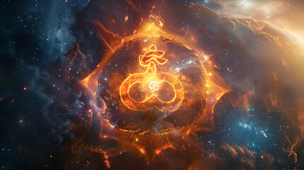 The image features a vibrant orange, stylized Om symbol surrounded by a complex, swirling nebula filled with stars. The background is dark blue.