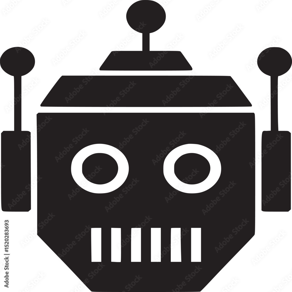 Poster isolated black robot head with circular eyes and antenna on a white background in simple style