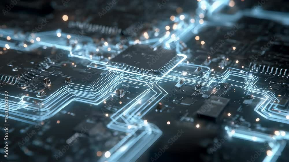 Poster electronic components and circuits power up, illuminating connections on a motherboard, highlighting