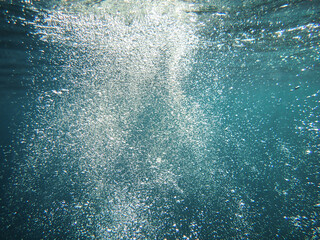 Bubbles under the sea in the crystal clear green sea water. Mediterranean sea bubbles, Air bubbles...