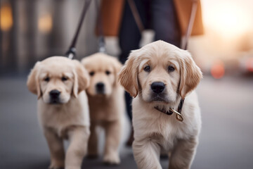 Golden retriever puppies enjoy a walk in the urban park during a sunny afternoon in autumn. Three playful golden retriever puppies are being walked in a vibrant urban park