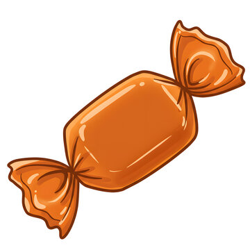 A single orange candy is depicted in its wrapper, twisted at both ends. It's an isolated object on a white background.