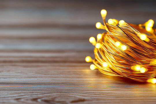 Warm glowing fairy lights on wooden surface create a cozy atmosphere for evening gatherings and celebrations. Delicate fairy lights are elegantly arranged in a warm glow against a wooden surface - Powered by Adobe