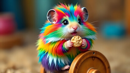 Fototapeta premium Rainbow Hamster Holds a Nut