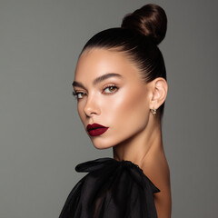 Fototapeta premium glamorous fashion model, bold makeup, sleek hair bun, studio background, high-end beauty look