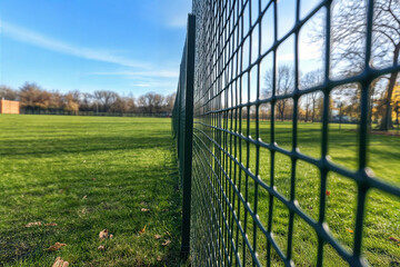 Fototapeta premium View of a plot of land enclosed by a green mesh fence, covered with green grass. There is a field in the background.