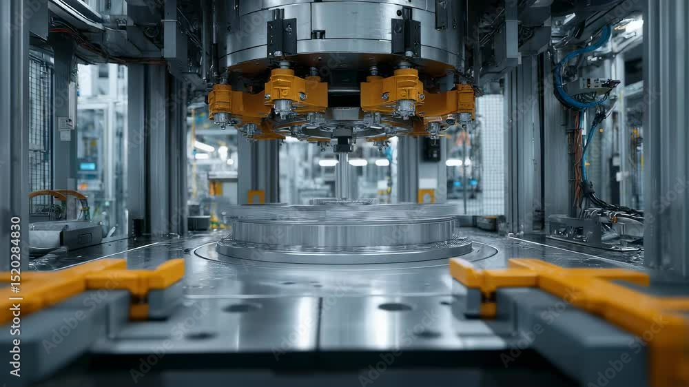 Poster precision robotic arm pressing circular metal component during automated manufacturing process in co
