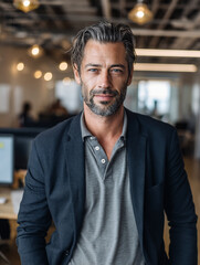 Obraz premium mid-aged man in polo and blazer, open office environment 