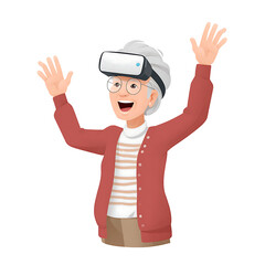 Elderly woman with vr headset and glasses raising her hands in excitement and wearing a red cardigan on transparent background