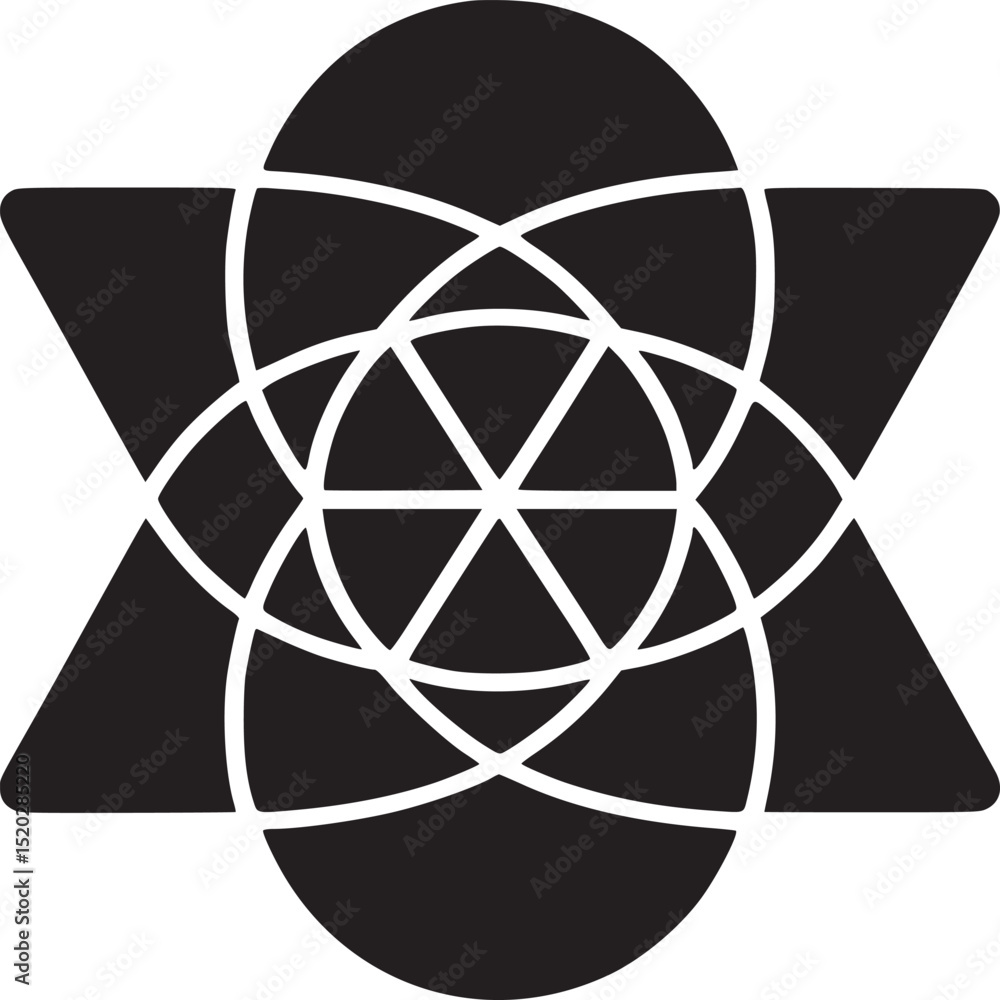 Poster a geometric design featuring a black triangle and circles on a white background creating a pattern