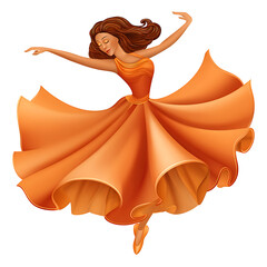 A cartoon ballerina with brown hair and an orange dress in a dance pose on a white background art on transparent background