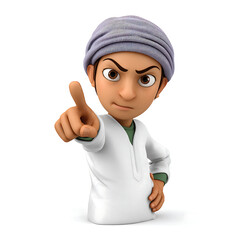 Cartoon character with a turban pointing his finger forward with an angry expression on a white background on transparent background