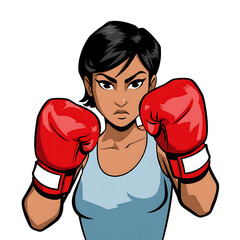 A cartoon woman with short black hair and red boxing gloves in a fighting stance on a white background on transparent background