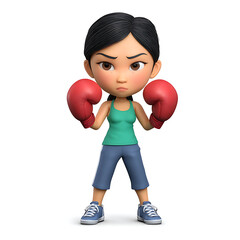 A cartoon woman with boxing gloves standing in a fighting stance with a determined expression on her face on transparent background