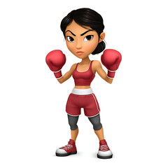 Cartoon woman in boxing attire with red gloves ready to fight standing on a white background pose on transparent background