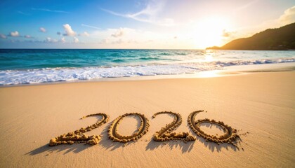 Golden beach with 2026 drawn in sand at sunset, ideal for promoting future vacations, resolutions, or tropical holiday plans